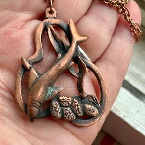 Vtg 60's - 70's Copper Diving SHARK Fish Necklace Hand Crafted Modernist